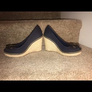 Tory Burch navy blue fabric open toe wedge heel